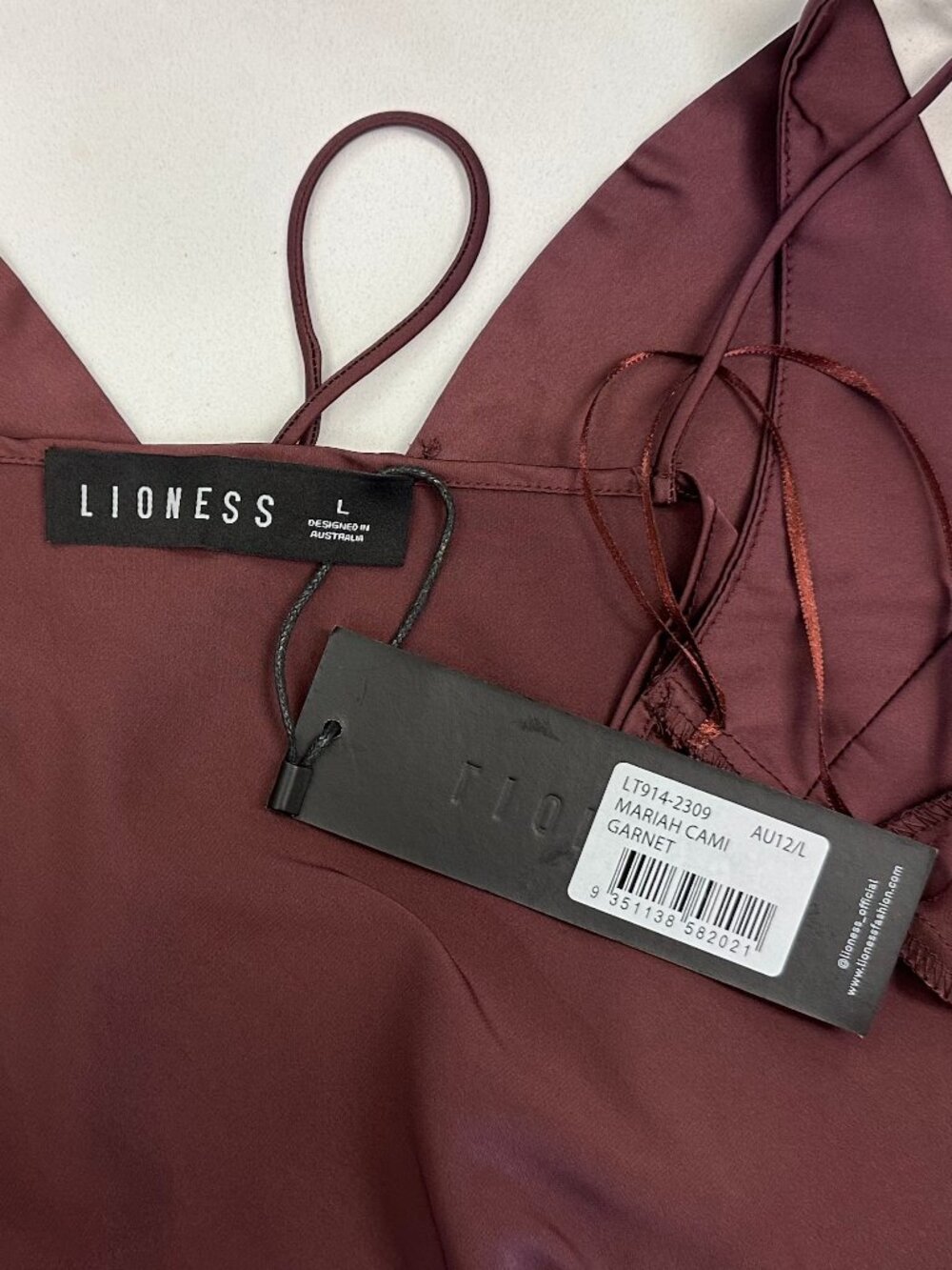 LIONESS Mariah Satin-Feel Asymmetric Cut-Out Tie-Front Cami Top (Garnet Brown) - Picture 13 of 16